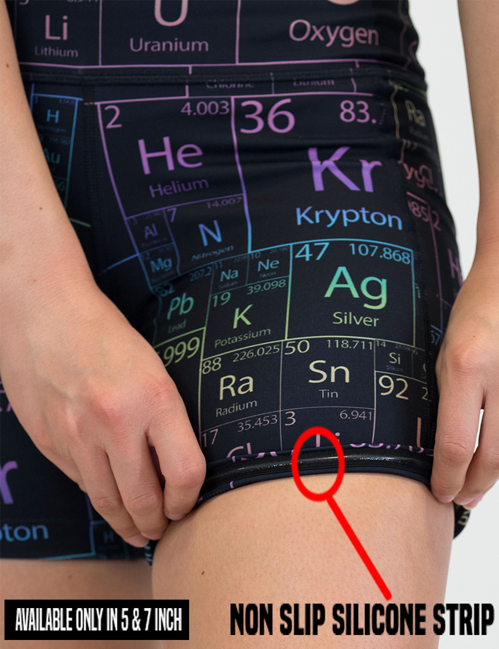 black periodic table shorts rolled up to show the non slip silicone strip underneath found in only the 5 and 7 inch inseam lengths