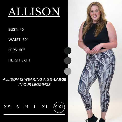 Model's measurements of 45 inch bust, 39 inch waist, 50 inch hips, and height of 6 foot. She is wearing a double xl in these leggings.