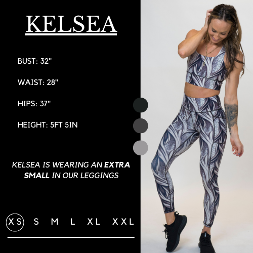 Model’s measurements of 32” bust, 28” waist, 37” hips and height of 5 ft 5 inches. She is wearing a size extra small in our leggings