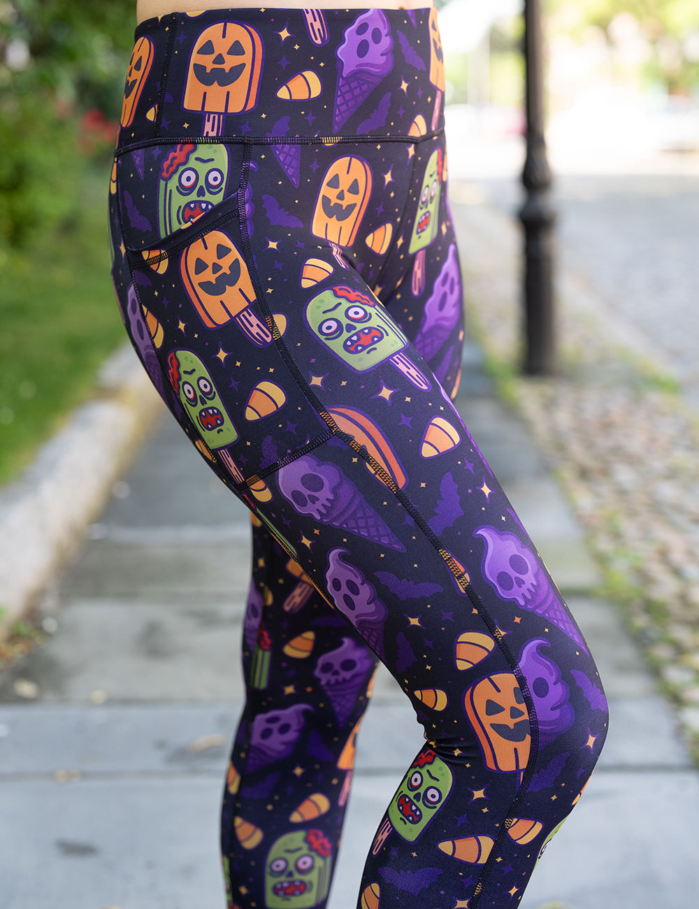 model wearing the zombie, jack o lantern, and ghost ice cream's leggings