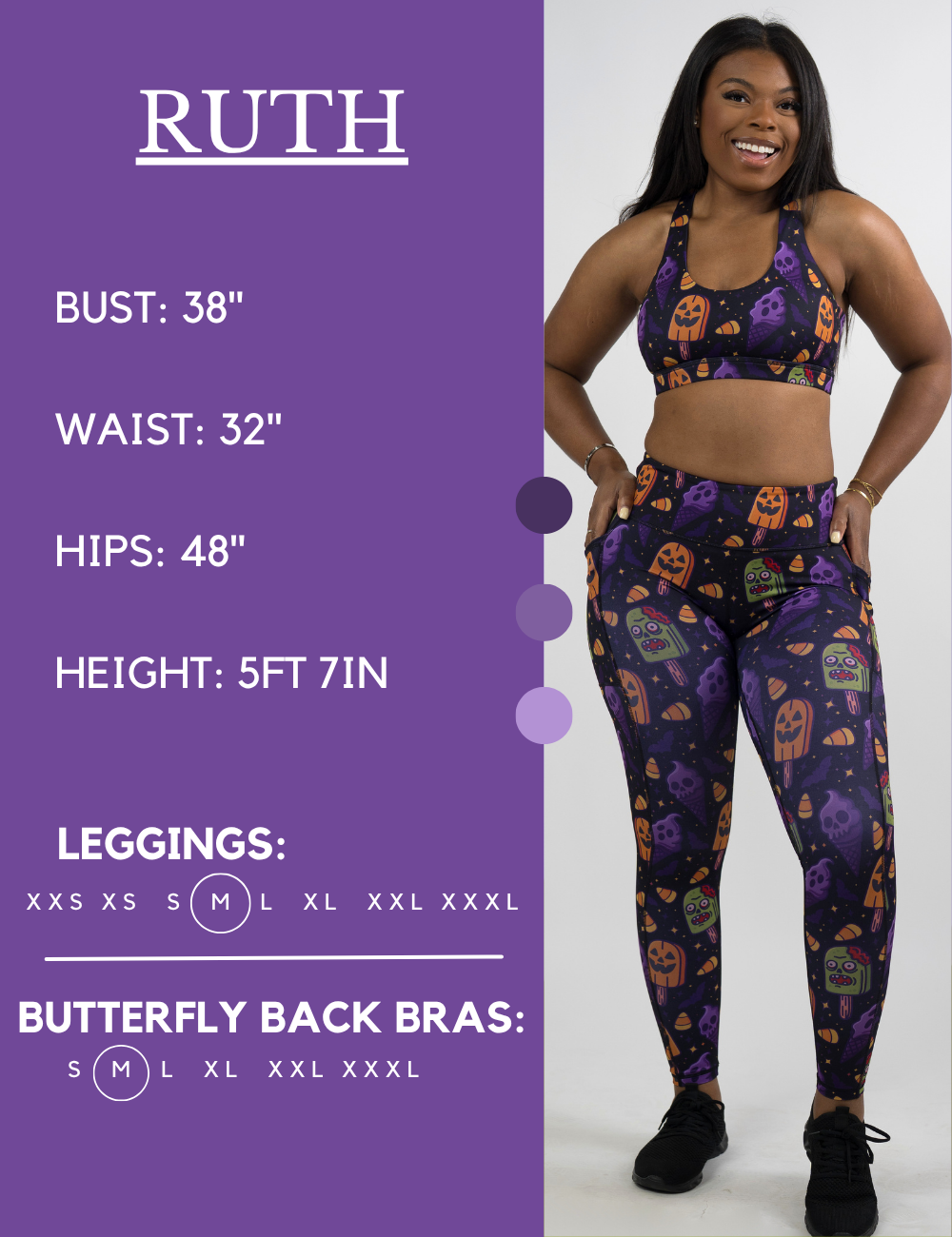 Model’s measurements of 38” bust, 32” waist, 48” hips and height of 5 ft 7 inches. She is wearing a size medium in our leggings