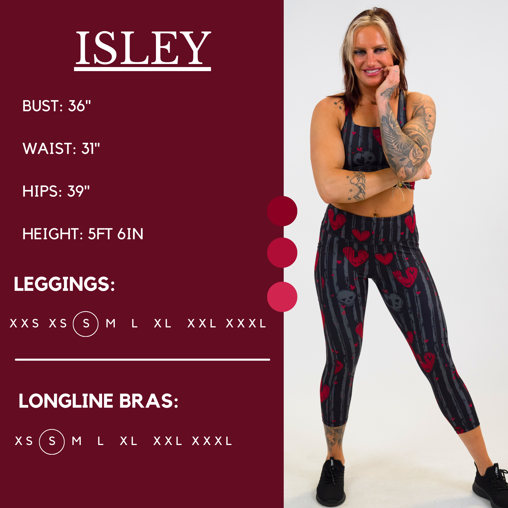 Model’s measurements of 36” bust, 31” waist, 39” hips and height of 5 ft 6 inches. She is wearing a size small in our leggings