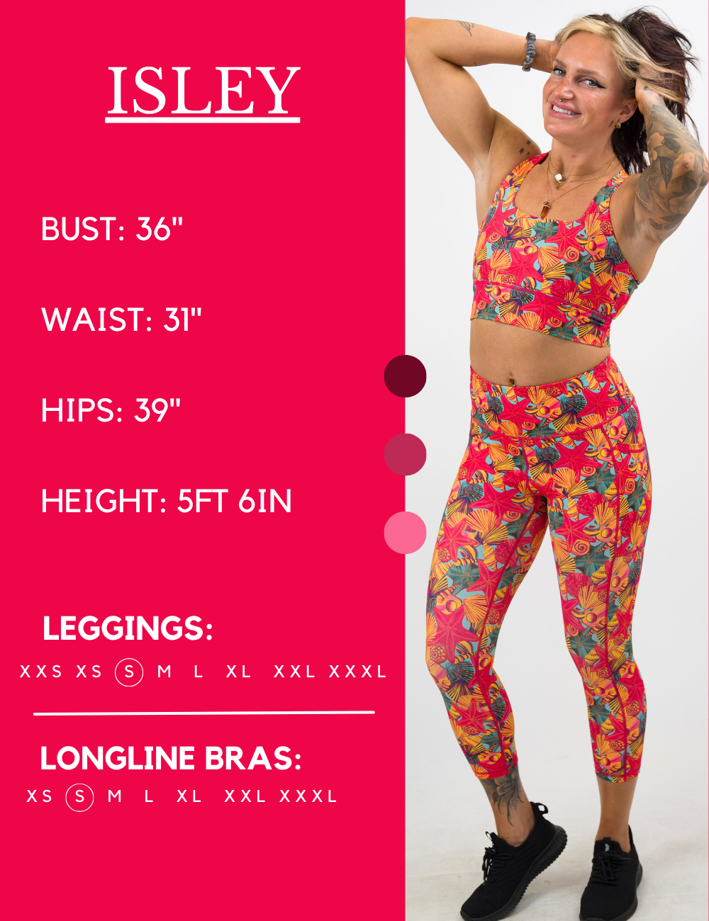 Model’s measurements of 36” bust, 31” waist, 39” hips and height of 5 ft 6 inches. She is wearing a size small in our leggings