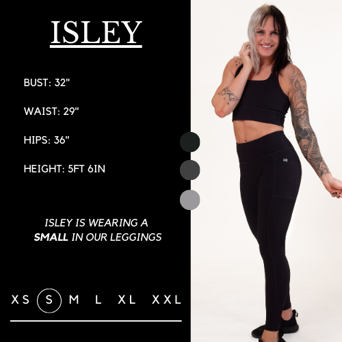 Model’s measurements of 32” bust, 29” waist, 36” hips and height of 5 ft 6 inches. She is wearing a size small in our leggings