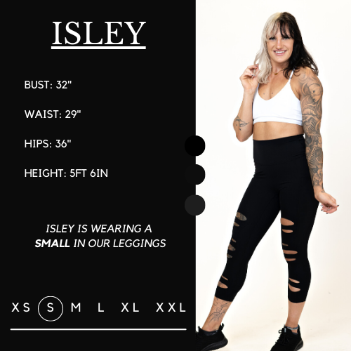 Model's measurements of 32 inch bust, 29 inch waist, 36 inch hips, and height of 5 foot 6 inches. She is wearing a size small in these leggings.