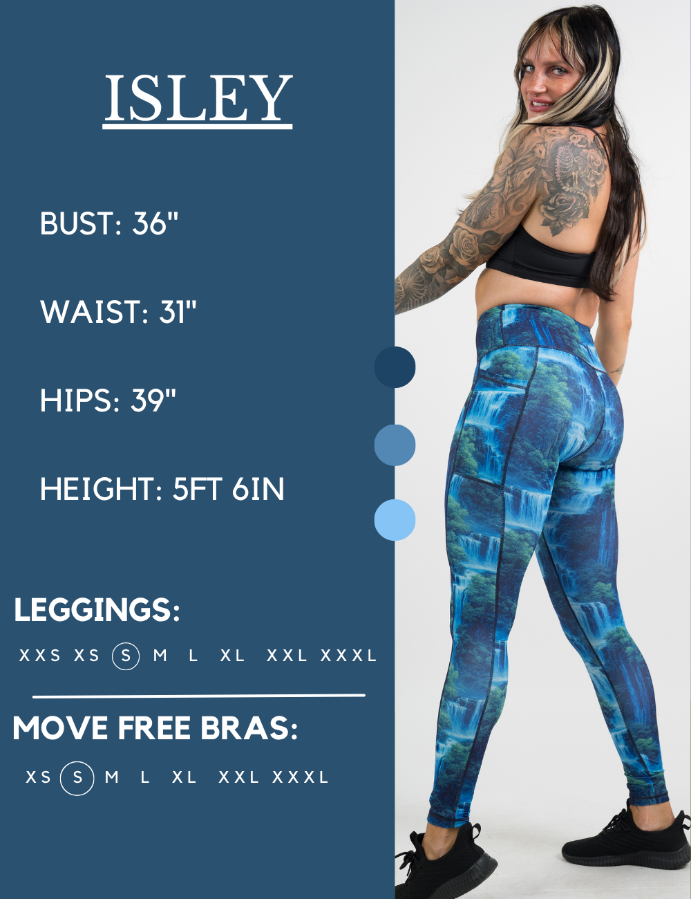 Model’s measurements of 36” bust, 31” waist, 39” hips and height of 5 ft 6 inches. She is wearing a size small in our leggings