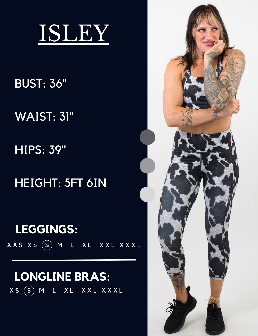 Model’s measurements of 36” bust, 31” waist, 39” hips and height of 5 ft 6 inches. She is wearing a size small in our leggings