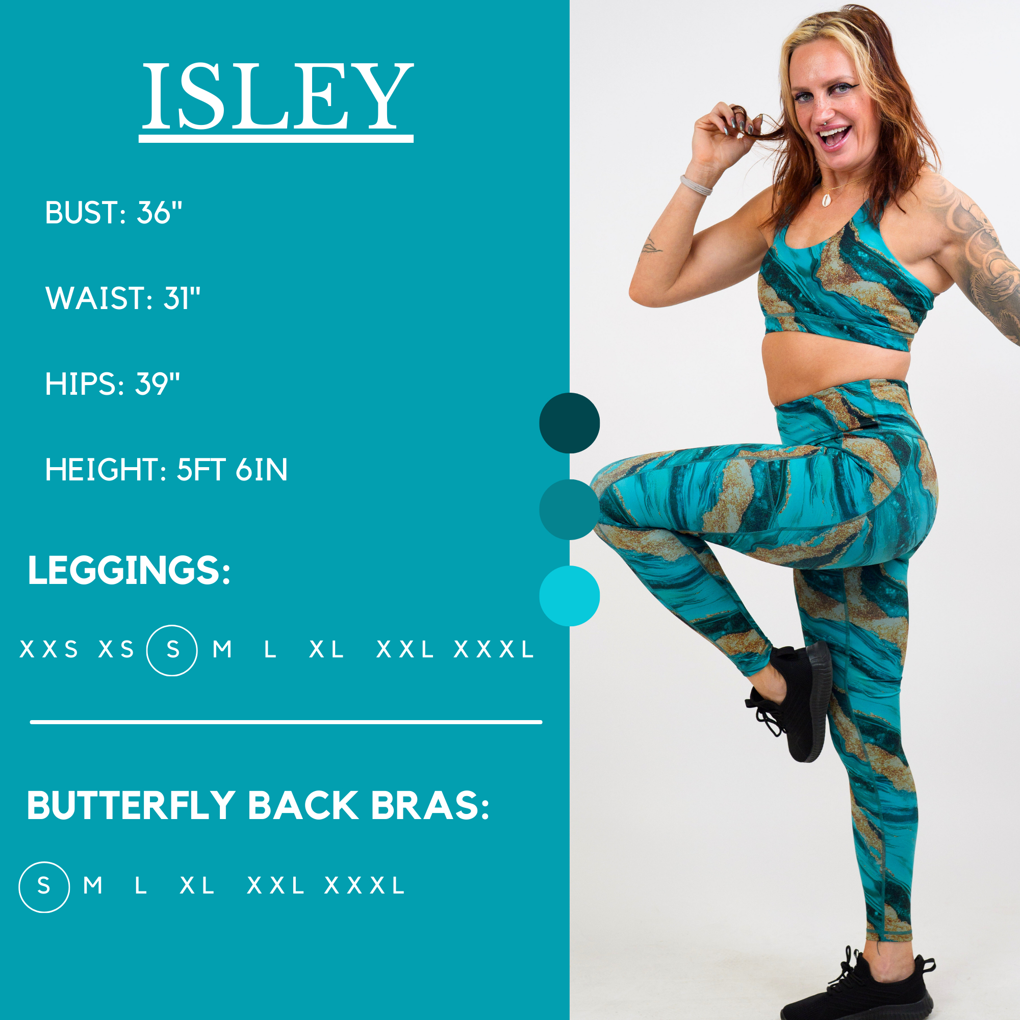 Model’s measurements of 36” bust, 31” waist, 39” hips and height of 5 ft 6 inches. She is wearing a size small in our leggings