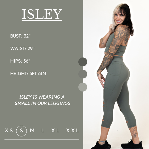 Model's measurements of 32 inch bust, 29 inch waist, 36 inch hips, and height of 5 foot 6 inches. She is wearing a size small in these leggings.