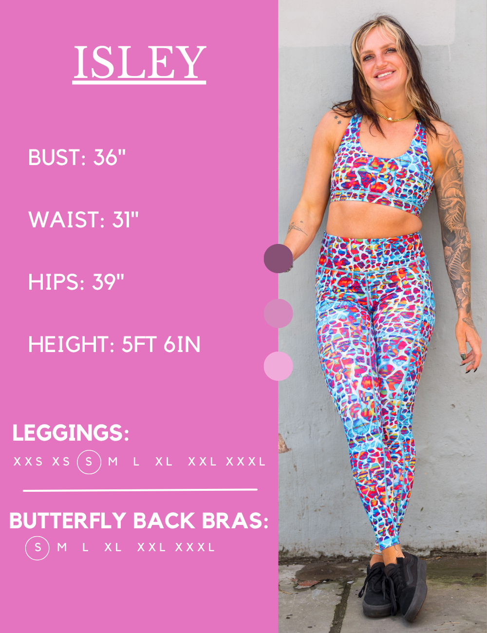Model’s measurements of 36” bust, 31” waist, 39” hips and height of 5 ft 6. She is wearing a size small in our leggings