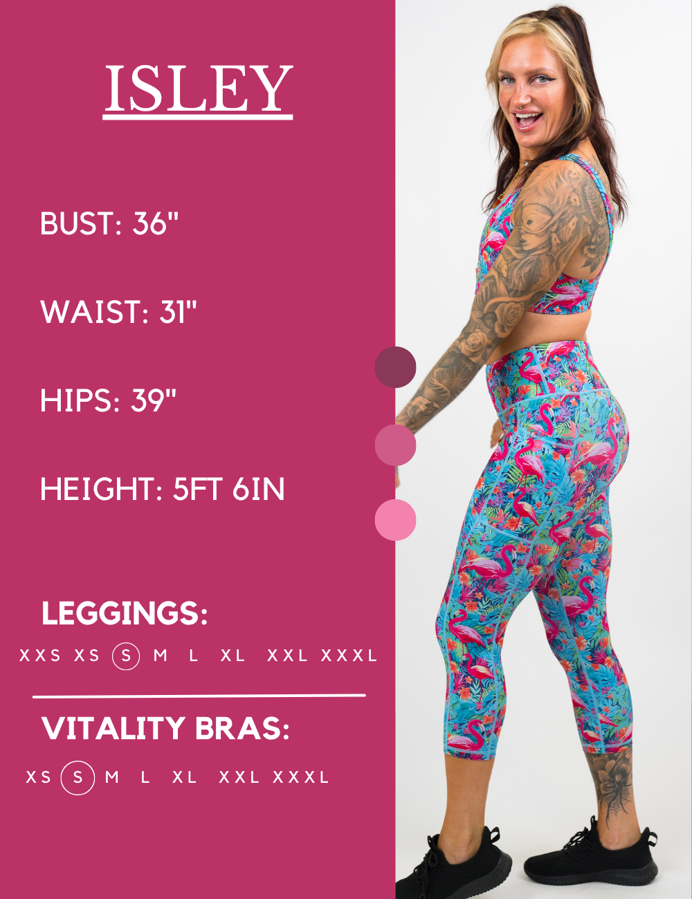 Model’s measurements of 36” bust, 31” waist, 39” hips and height of 5 ft 6 inches. She is wearing a size small in our leggings
