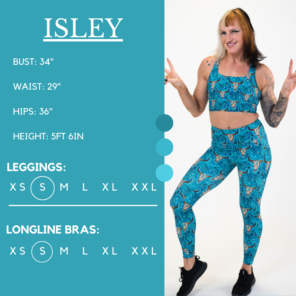 Model’s measurements of 34” bust, 29” waist, 36” hips and height of 5 ft 6 inches. She is wearing a size small in our leggings