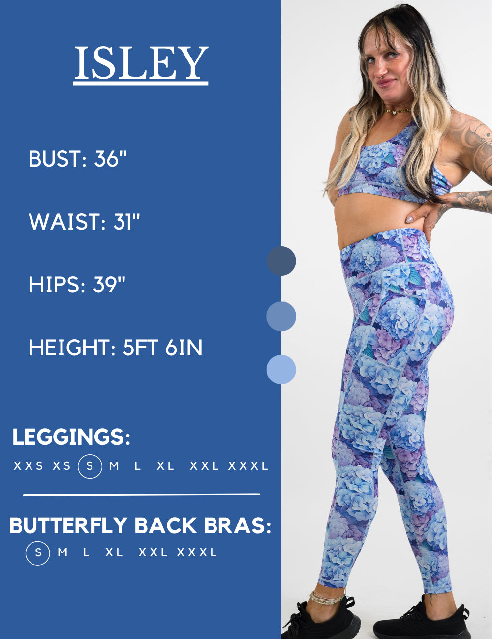 Model’s measurements of 36” bust, 31” waist, 39” hips and height of 5 ft 6 inches. She is wearing a size small in our leggings