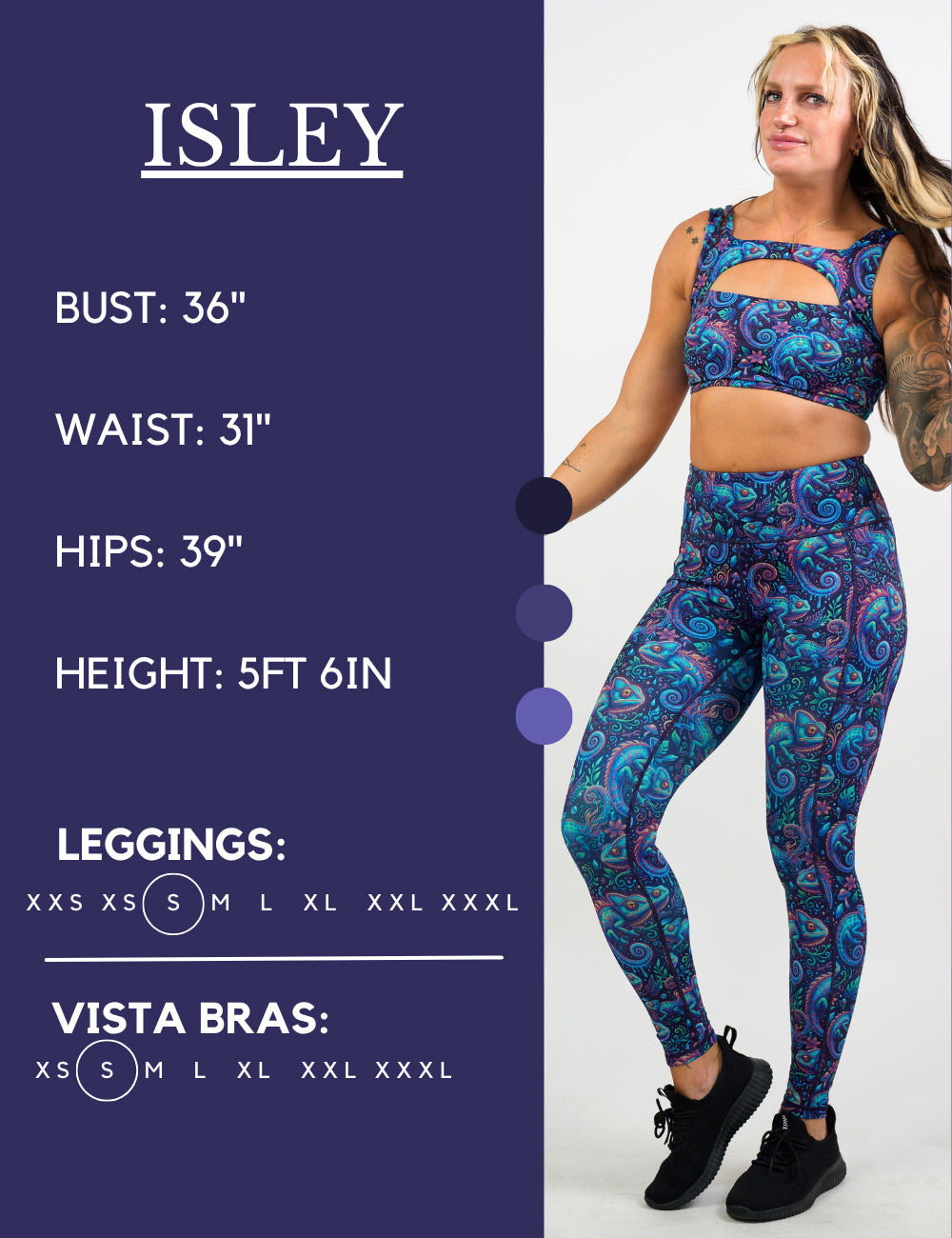 Model’s measurements of 36” bust, 31” waist, 39” hips and height of 5 ft 6 inches. She is wearing a size small in our leggings