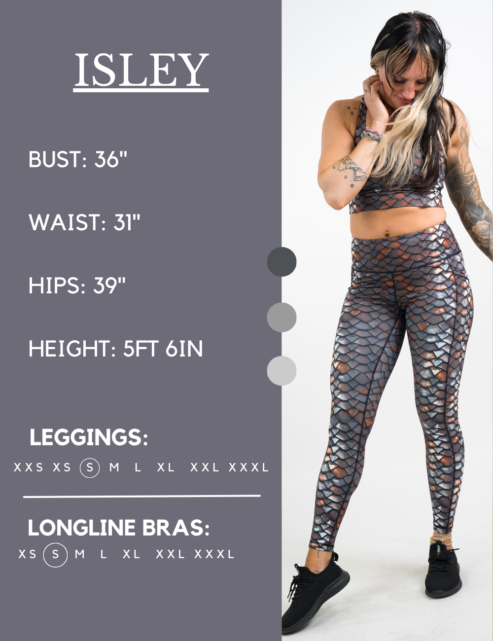 Model’s measurements of 36” bust, 31” waist, 39” hips and height of 5 ft 6 inches. She is wearing a size small in our leggings