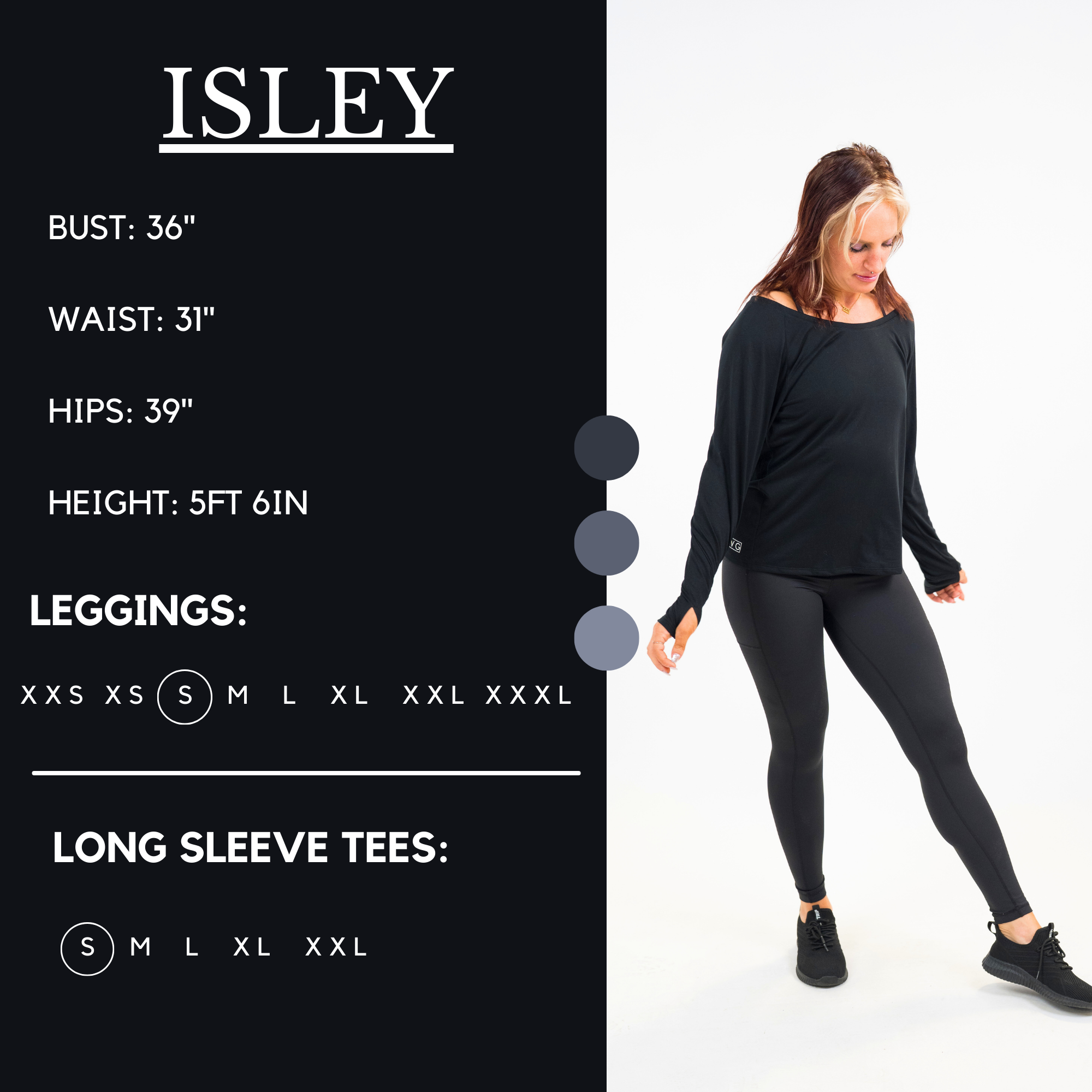 Model's measurements of 36" bust, 31" waist, 39" hips, and height of 5 ft 6 inches. She is wearing a size small in our leggings and a small in our long sleeve tees