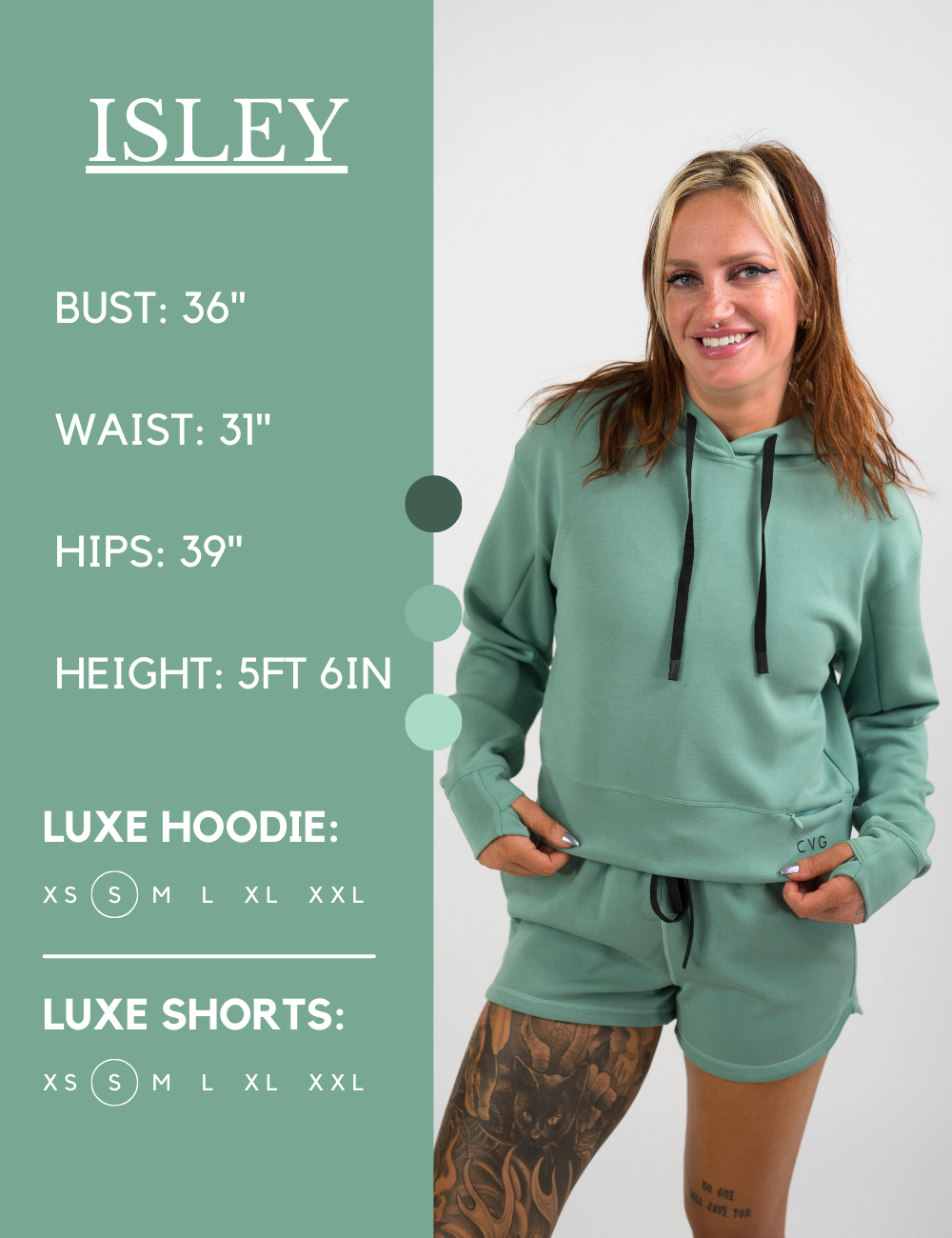 Model’s measurements of 36” bust, 31” waist, 39” hips and height of 5 ft 6 inches. She is wearing a size small in our luxe shorts and hoodie