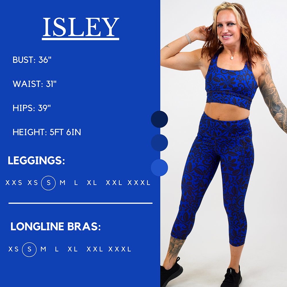 Model’s measurements of 36” bust, 31” waist, 39” hips and height of 5 ft 6 inches. She is wearing a size small in our leggings