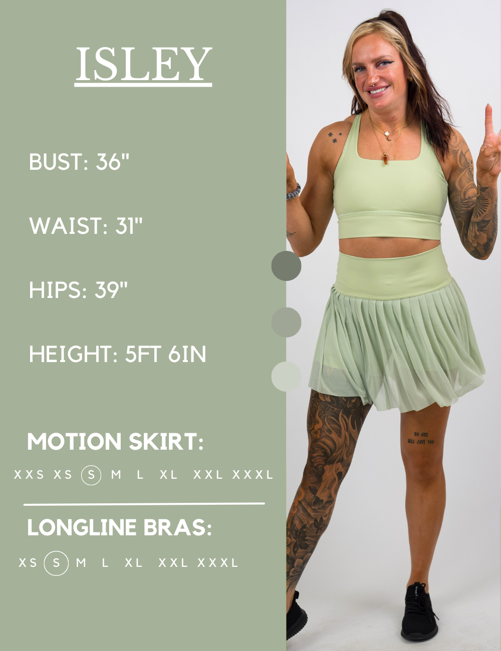 Model’s measurements of 36” bust, 31” waist, 39” hips and height of 5 ft 6 inches. She is wearing a size small in our motion skirts