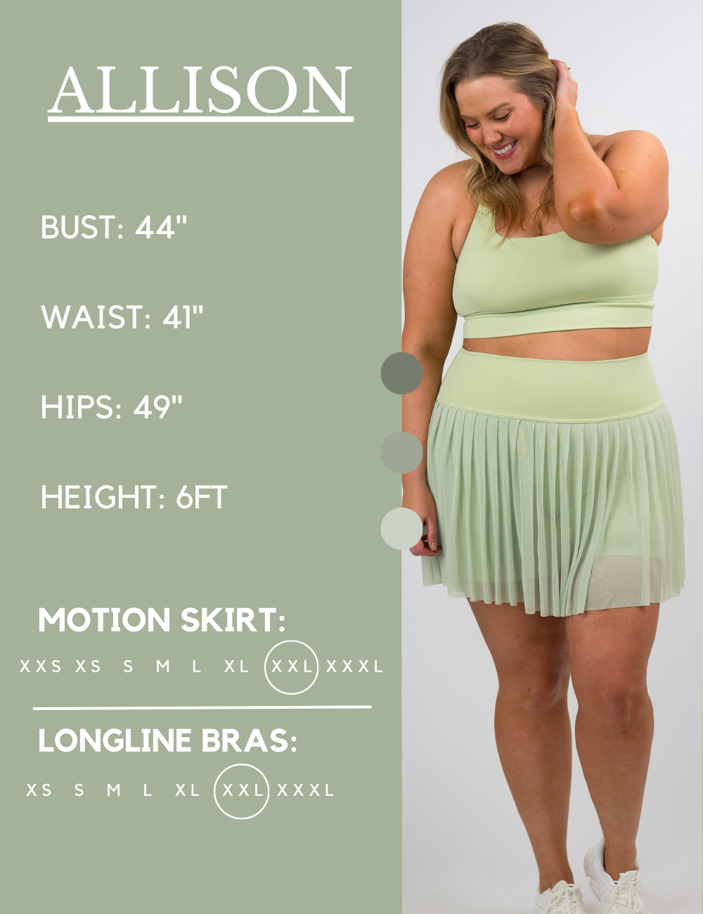 Model’s measurements of 44” bust, 41” waist, 49” hips and height of 6 feet. She is wearing a size extra extra large in our motion skirts