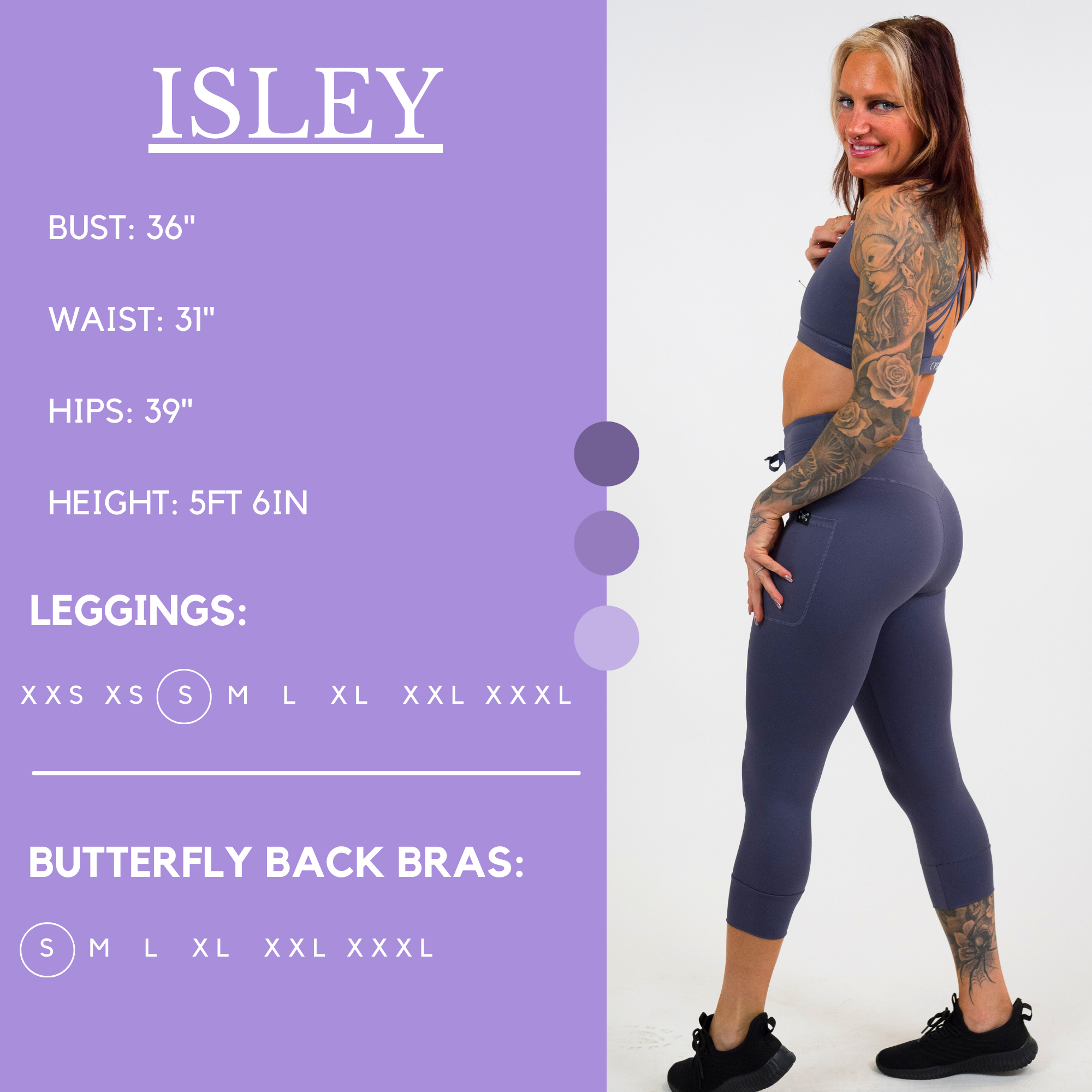 Model’s measurements of 36” bust, 31” waist, 39” hips and height of 5 ft 6 inches. She is wearing a size small in our leggings