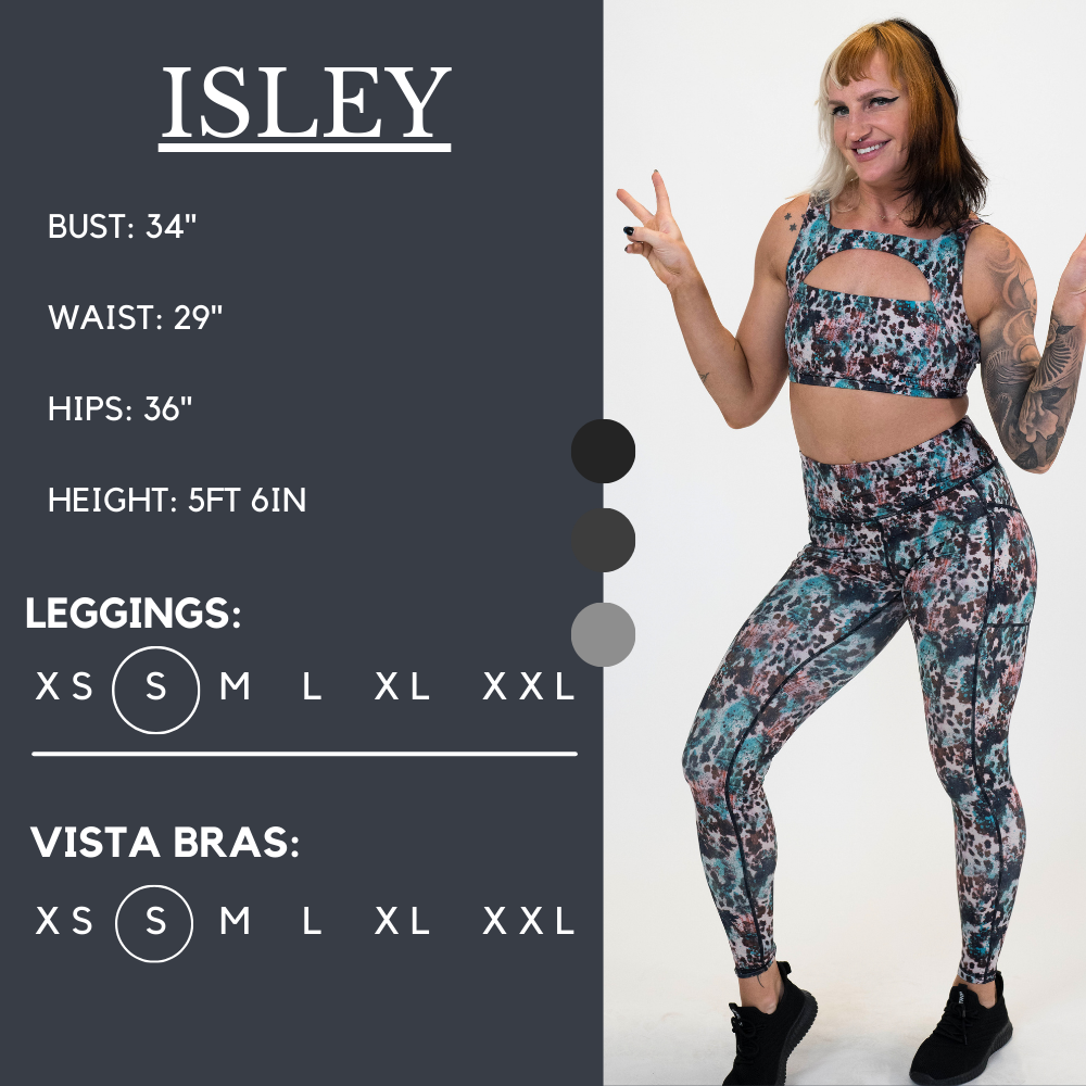 Model’s measurements of 34” bust, 29” waist, 36” hips and height of 5 ft 6 inches. She is wearing a size small in our leggings