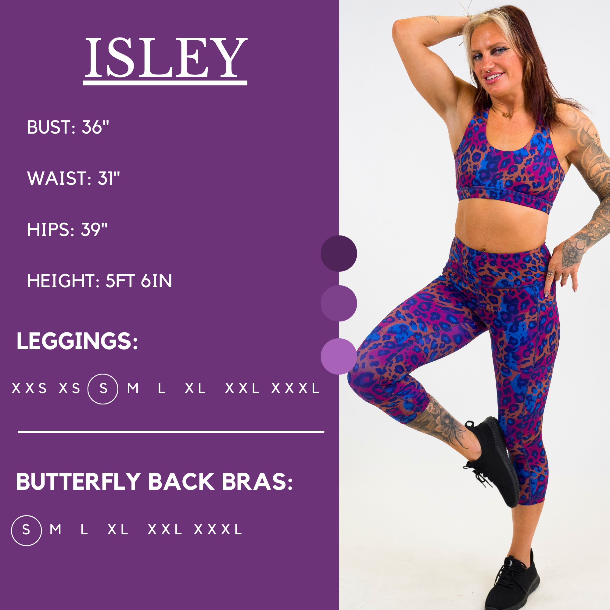 Model’s measurements of 36” bust, 31” waist, 39” hips and height of 5 ft 6 inches. She is wearing a size small in our leggings