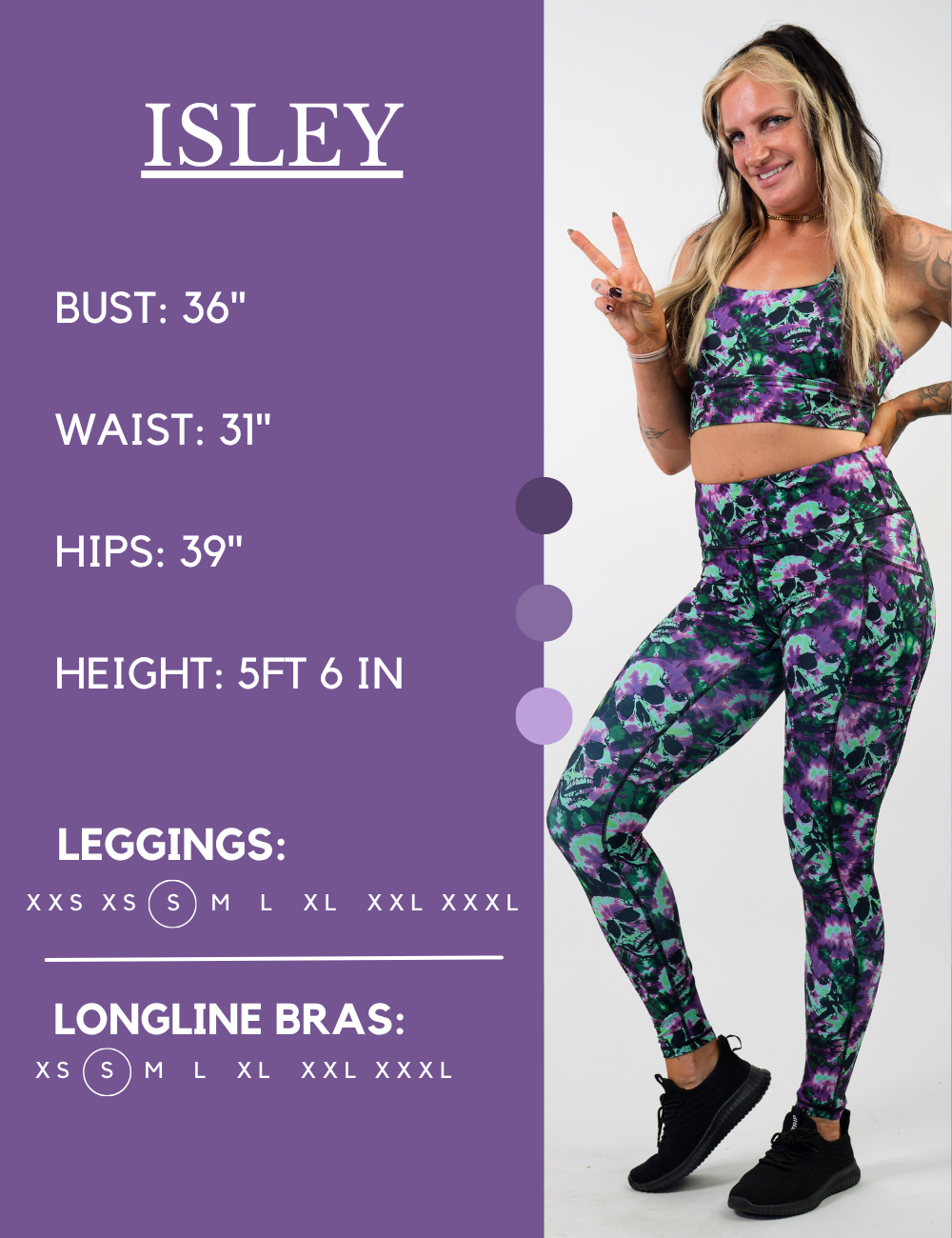 Model’s measurements of 36” bust, 31” waist, 39” hips and height of 5 ft 6 inches. She is wearing a size small in our leggings