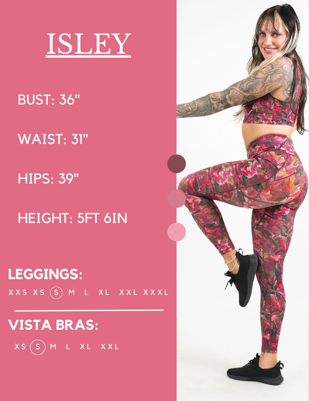 Model’s measurements of 36” bust, 31” waist, 39” hips and height of 5 ft 6 inches. She is wearing a size small in our leggings