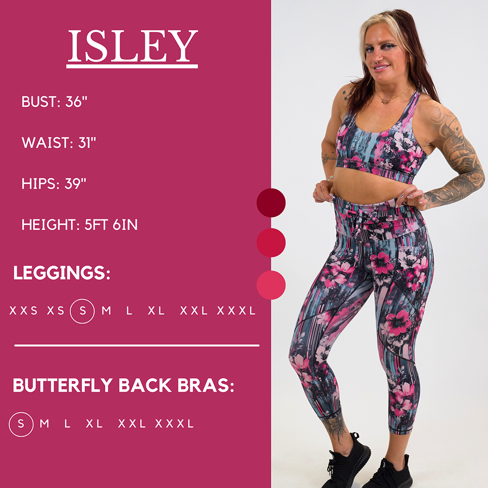 Model’s measurements of 36” bust, 31” waist, 39” hips and height of 5 ft 6 inches. She is wearing a size small in our leggings