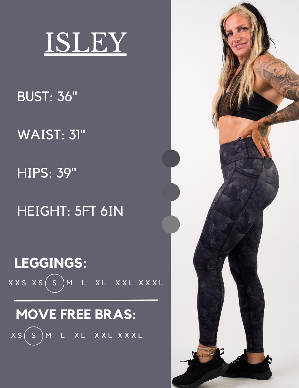 Model’s measurements of 36” bust, 31” waist, 39” hips and height of 5 ft 6 inches. She is wearing a size small in our leggings