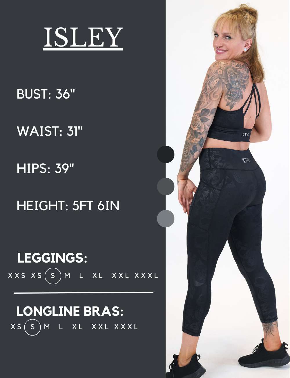 Model’s measurements of 36” bust, 31” waist, 39” hips and height of 5 ft 6 inches. She is wearing a size small in our leggings