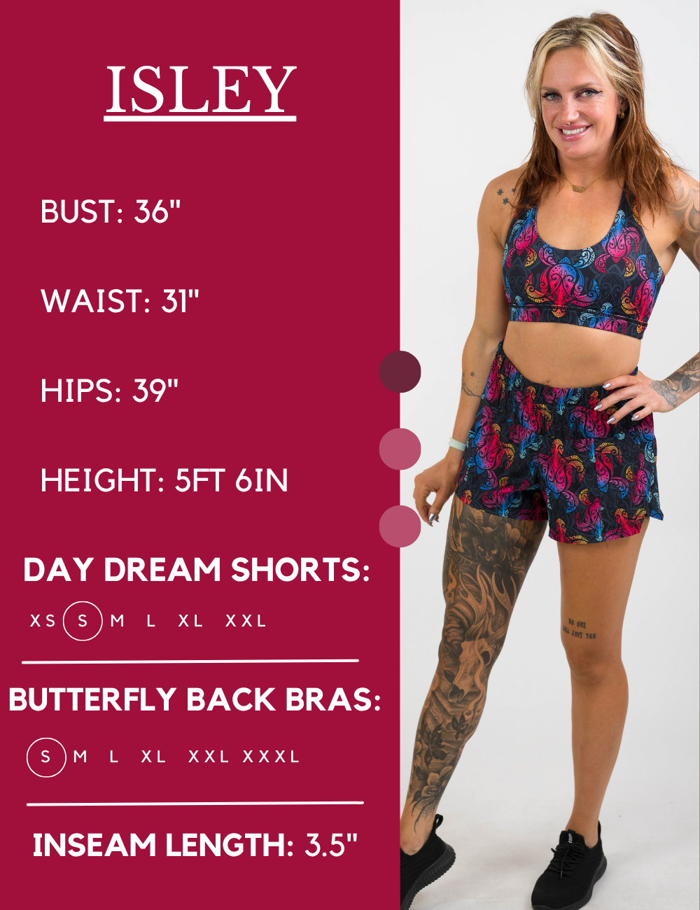 Model’s measurements of 36” bust, 31” waist, 39” hips and height of 5 ft 6 inches. She is wearing a size small in our day dream shorts