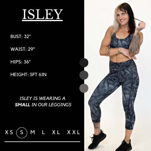 Model's measurements of 32 inch bust, 29 inch waist, 36 inch hips, and height of 5 foot 6 inches. She is wearing a size small in these leggings.