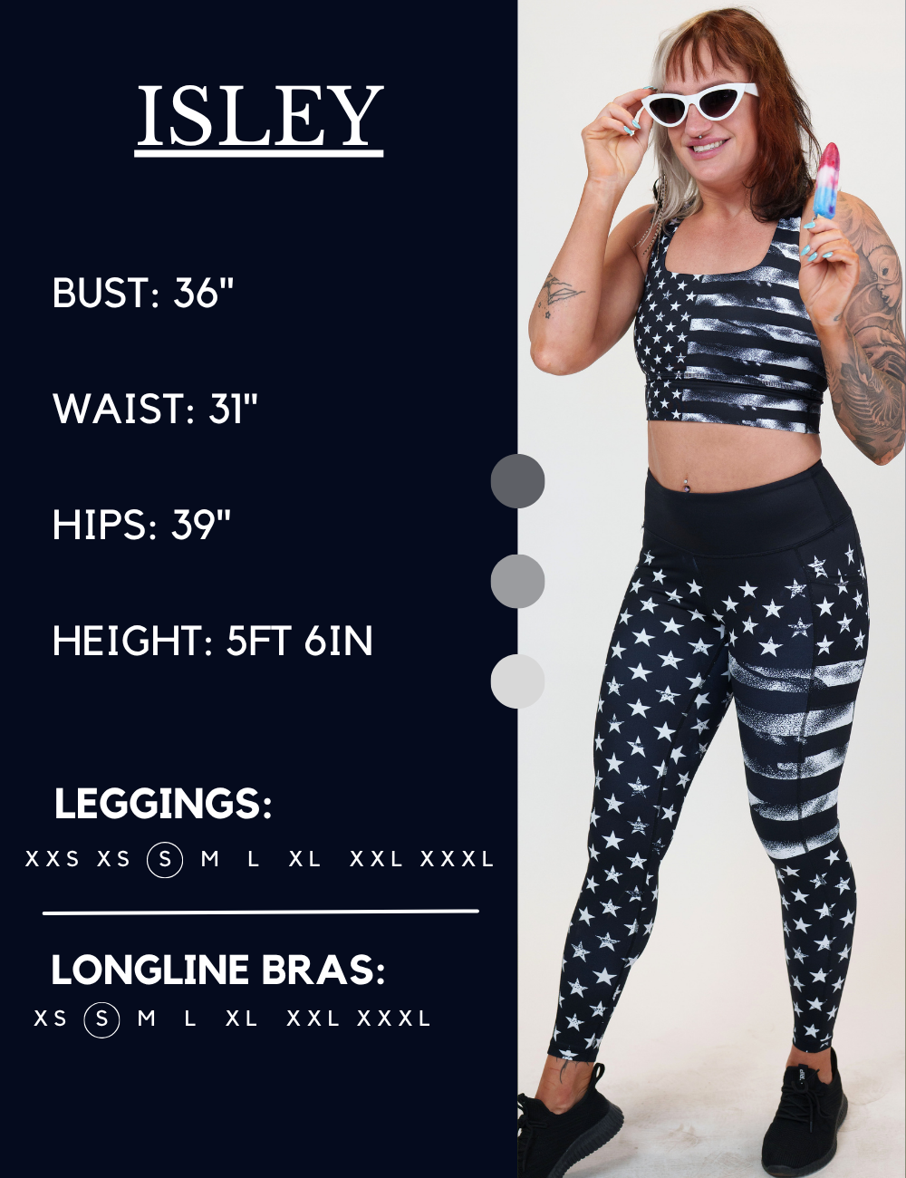 Model’s measurements of 36” bust, 31” waist, 39” hips and height of 5 ft 6 inches. She is wearing a size small in our leggings