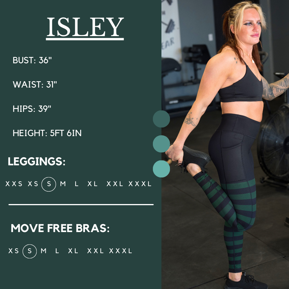 Model’s measurements of 36” bust, 31” waist, 39” hips and height of 5 ft 6 inches. She is wearing a size small in our leggings