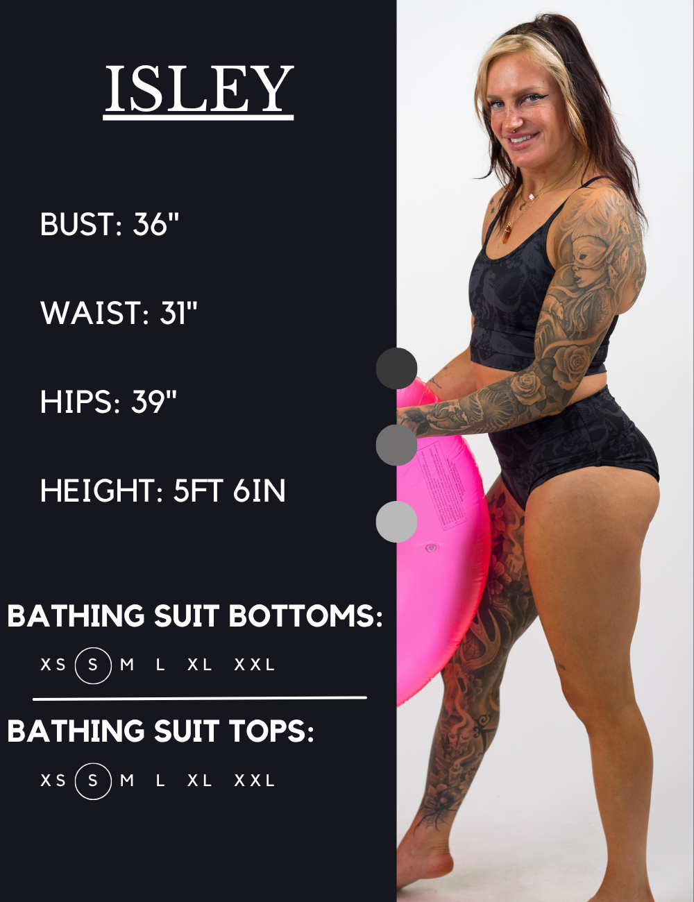Model’s measurements of 36” bust, 31” waist, 39” hips and height of 5 ft 6 inches. She is wearing a size small in our bathing suits