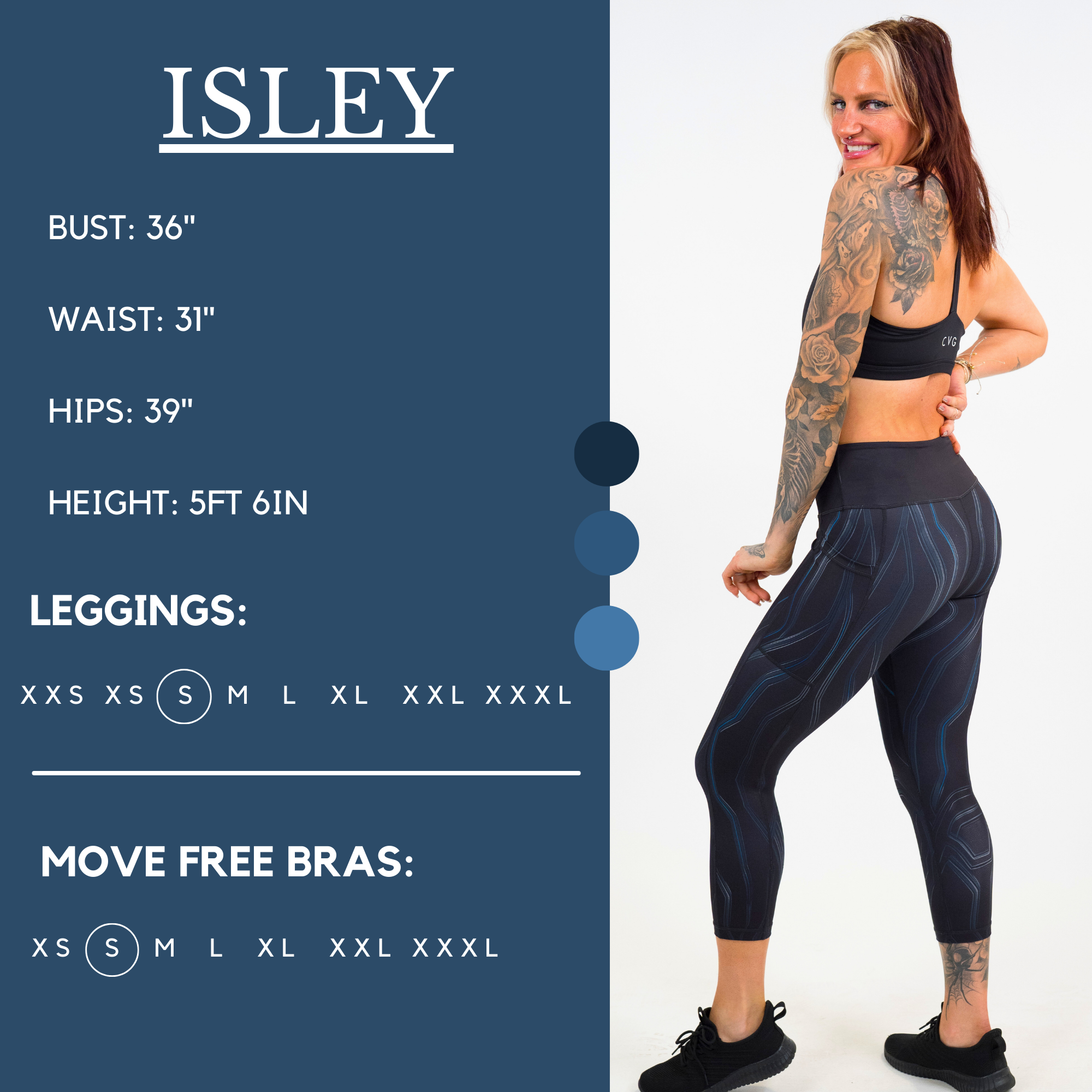 Model’s measurements of 36” bust, 31” waist, 39” hips and height of 5 ft 6 inches. She is wearing a size small in our leggings