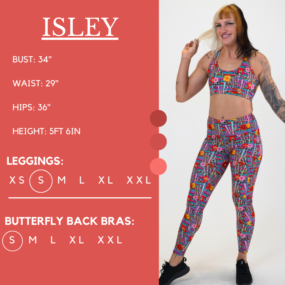 Model’s measurements of 34” bust, 29” waist, 36” hips and height of 5 ft 6 inches. She is wearing a size small in our leggings