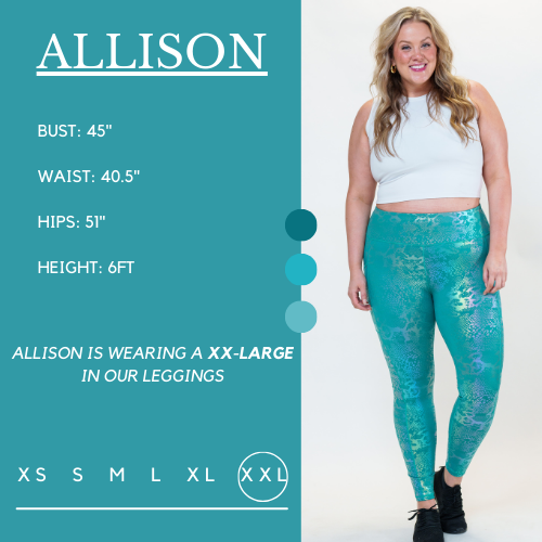 Model's measurements of 45 inch bust, 40.5 inch waist, 51 inch hips, and height of 6 foot. She is wearing a size double extra large in these leggings