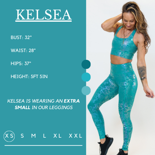 Model’s measurements of 32” bust, 28” waist, 37” hips and height of 5 ft 5 inches. She is wearing a size extra small in our leggings