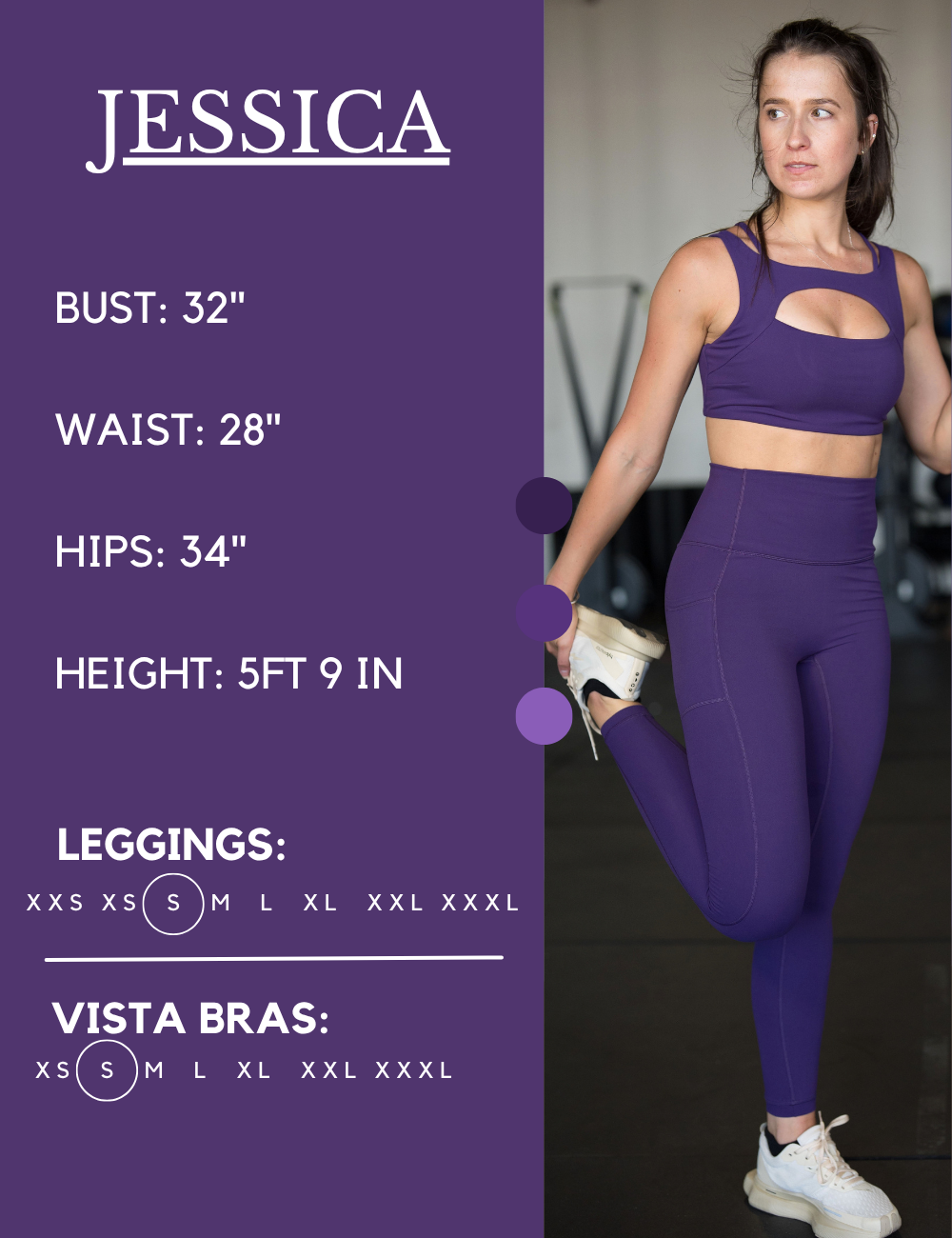 Model’s measurements of 32” bust, 28” waist, 34” hips and height of 5 ft 9 inches. She is wearing a size small in our leggings