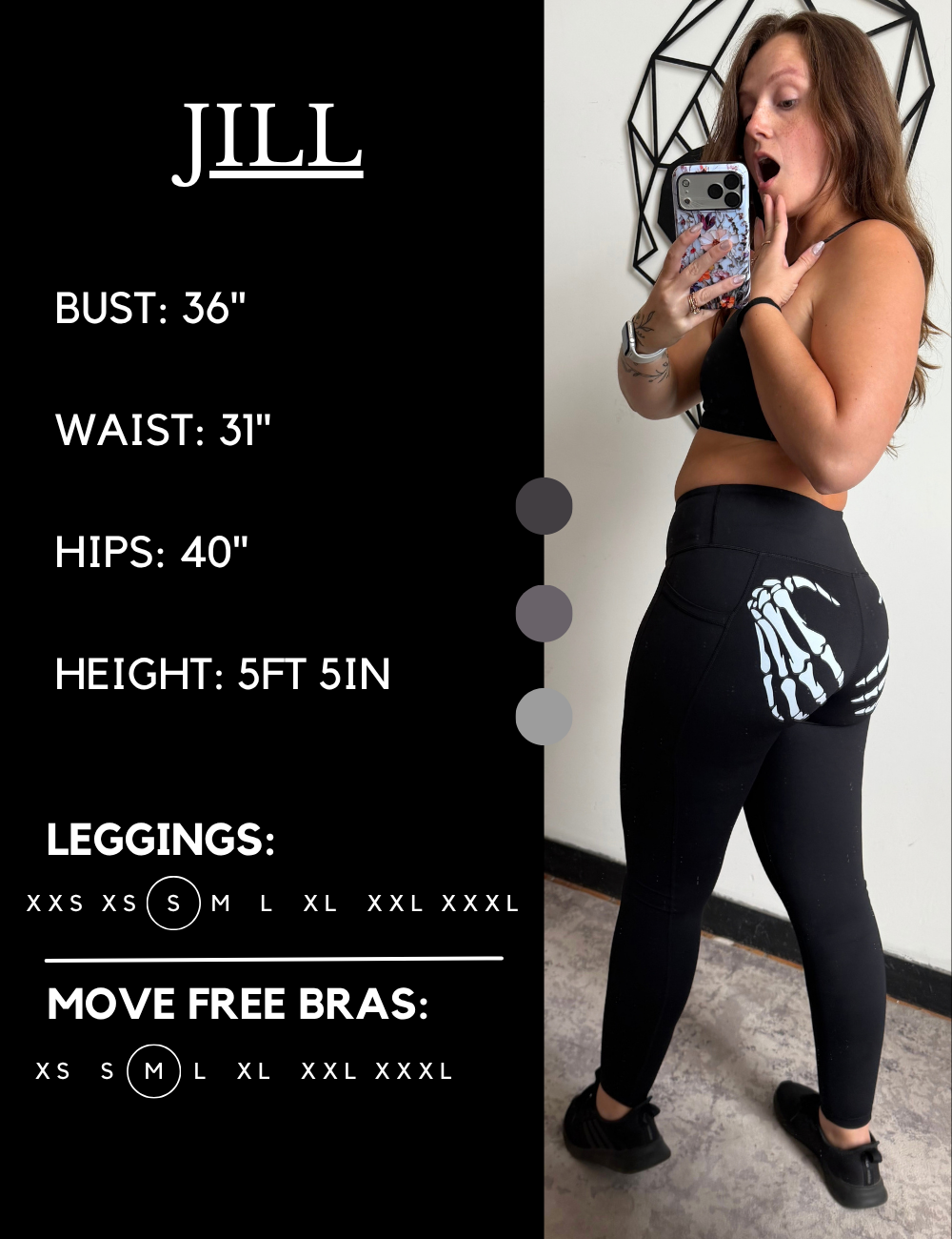 Model’s measurements of 36” bust, 31” waist, 40” hips and height of 5 ft 5 inches. She is wearing a size small in our leggings
