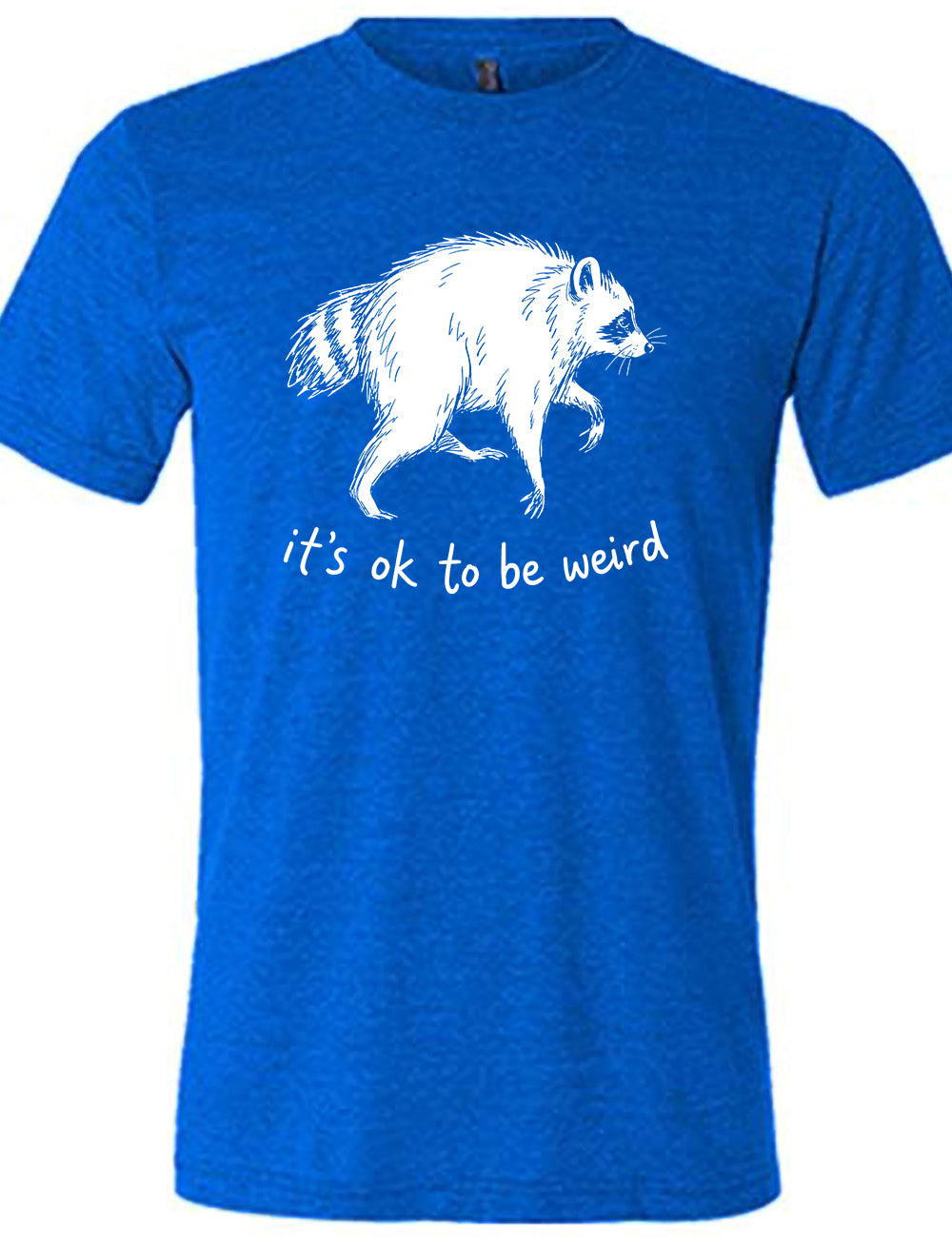 front of the blue "it's okay to be weird" raccoon unisex tee