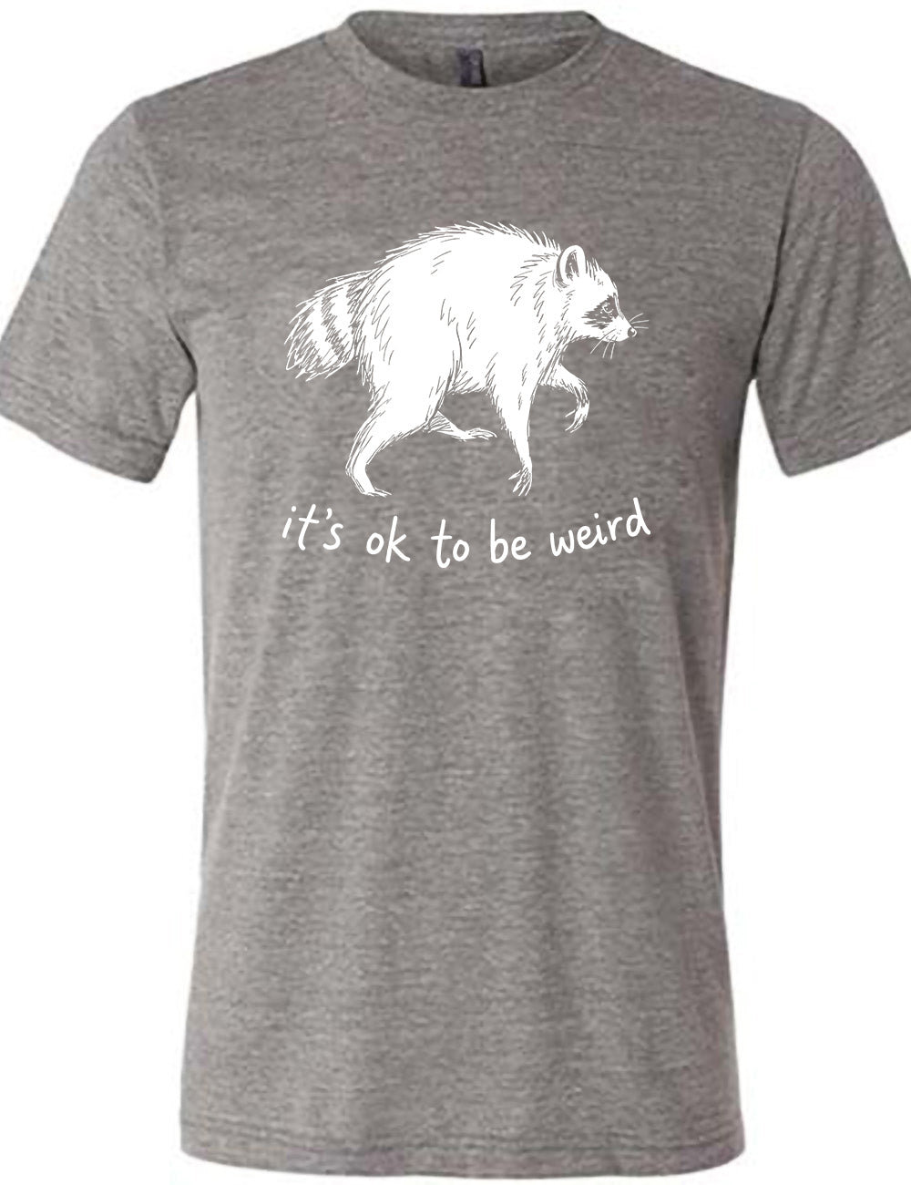 front of the grey "it's okay to be weird" raccoon unisex tee