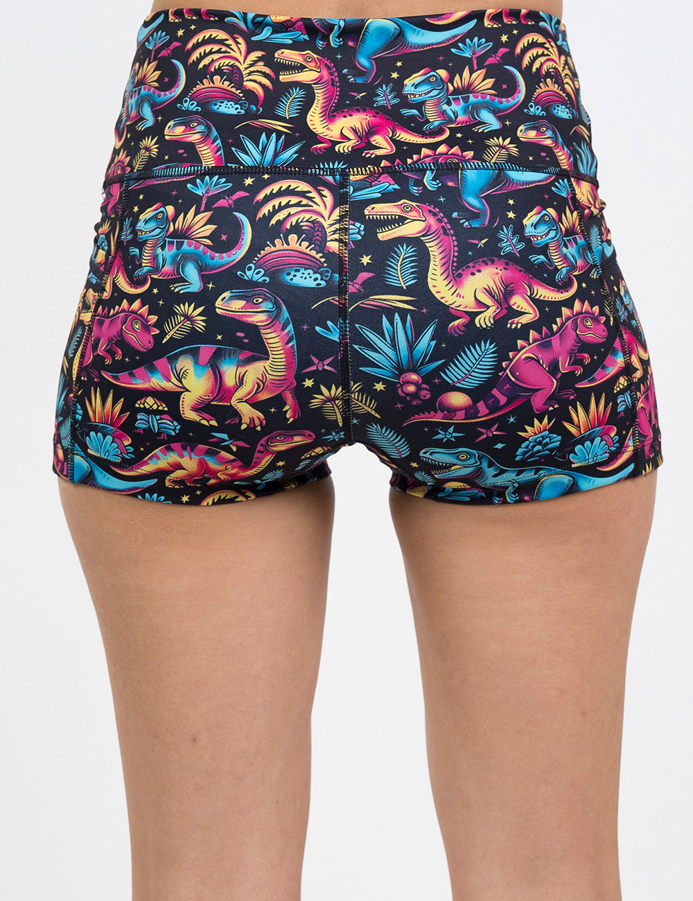 back of the 2.5 inch dinosaur print shorts against a white background