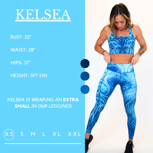 Model’s measurements of 32” bust, 28” waist, 37” hips and height of 5 ft 5 inches. She is wearing a size extra small in our leggings