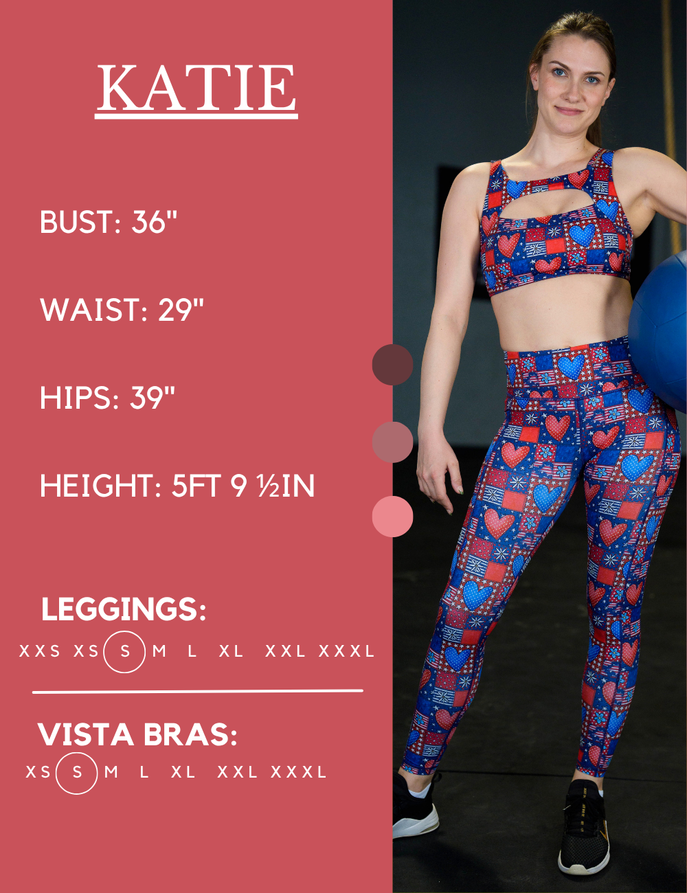 Model’s measurements of 36” bust, 29” waist, 39” hips and height of 5 ft 9 1/2 inches. She is wearing a size small in our leggings