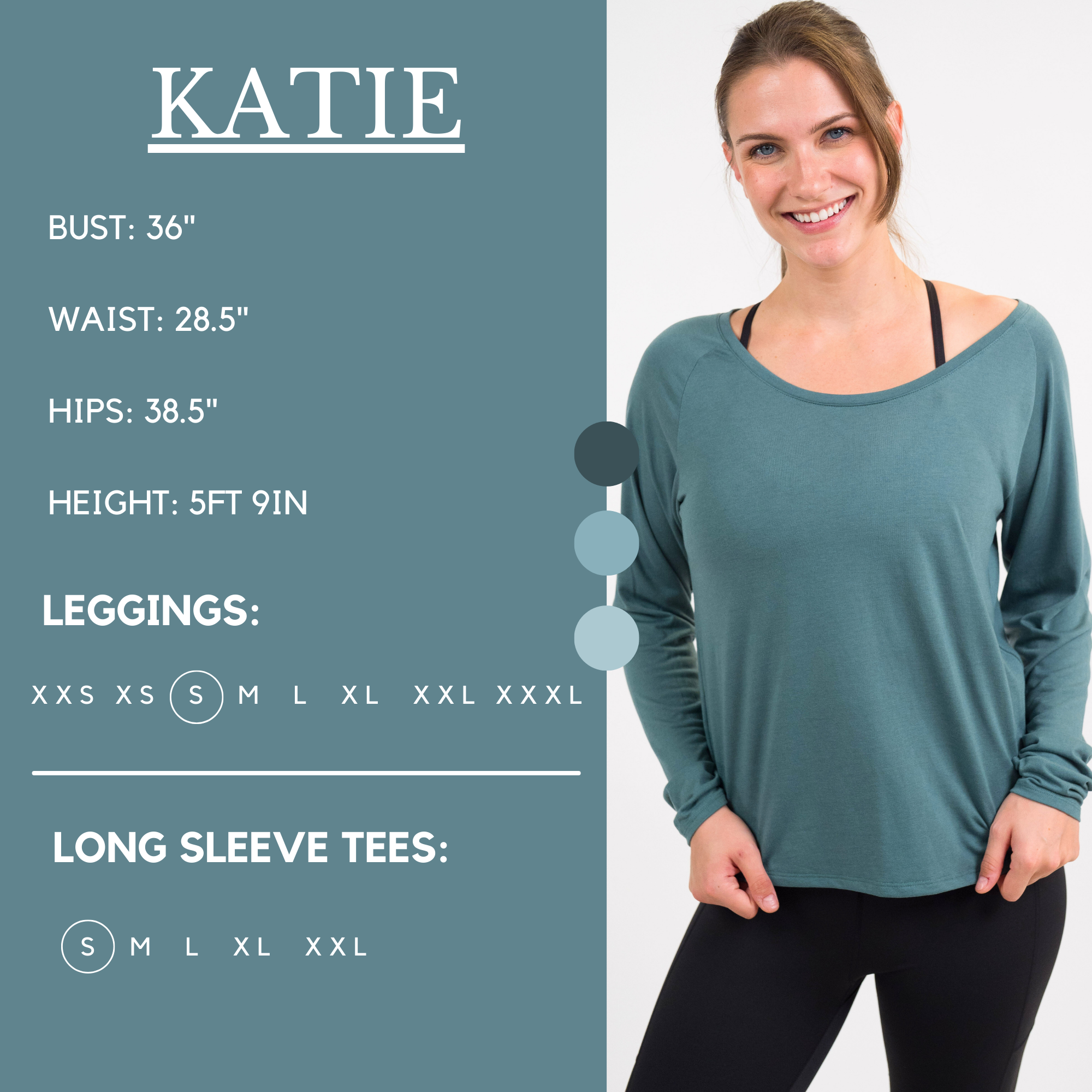 Model's measurements of 36" bust, 28.5" waist, 38.5" hips, and height of 5 ft 9 inches. She is wearing a size small in our leggings and a small in our long sleeve tees
