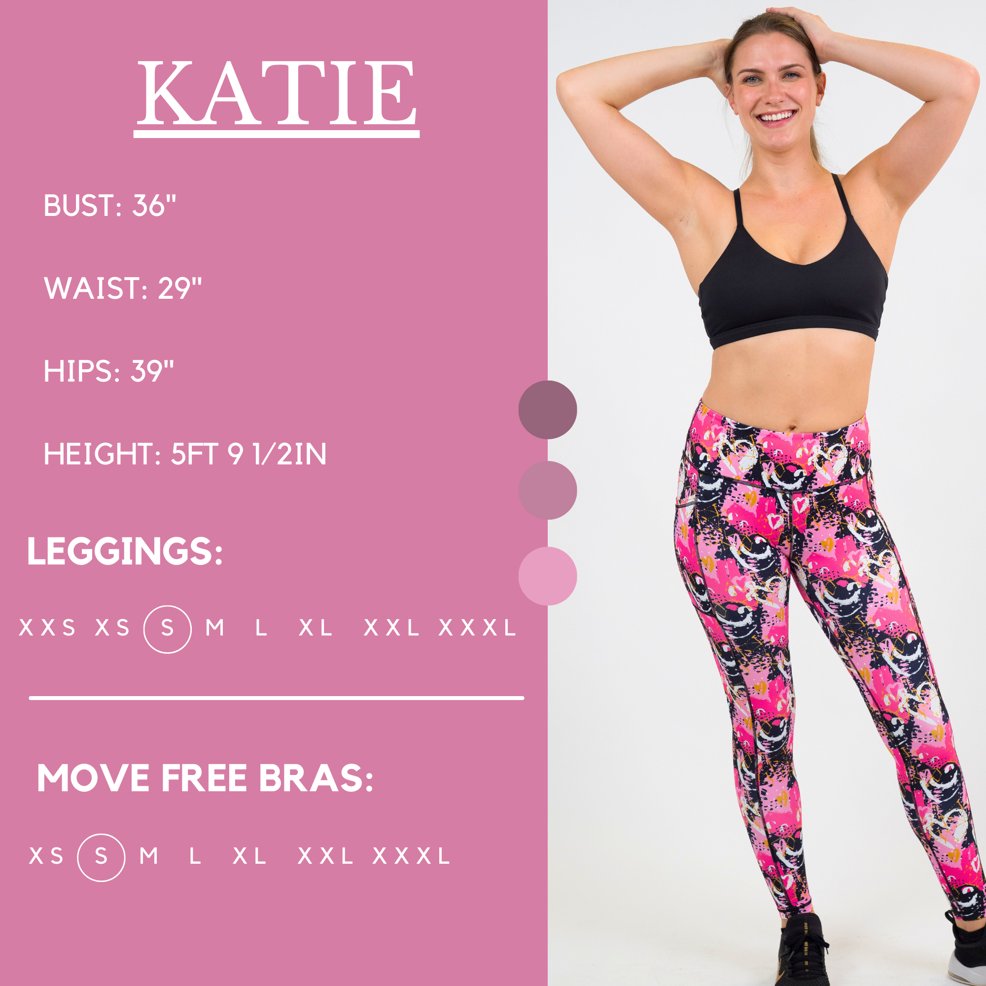 Model’s measurements of 36” bust, 29” waist, 39” hips and height of 5 ft 9 1/2 inches. She is wearing a size small in our leggings
